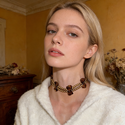 Leopard Print Bow Double-Layer Beaded Necklace