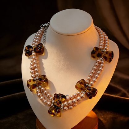Leopard Print Bow Double-Layer Beaded Necklace