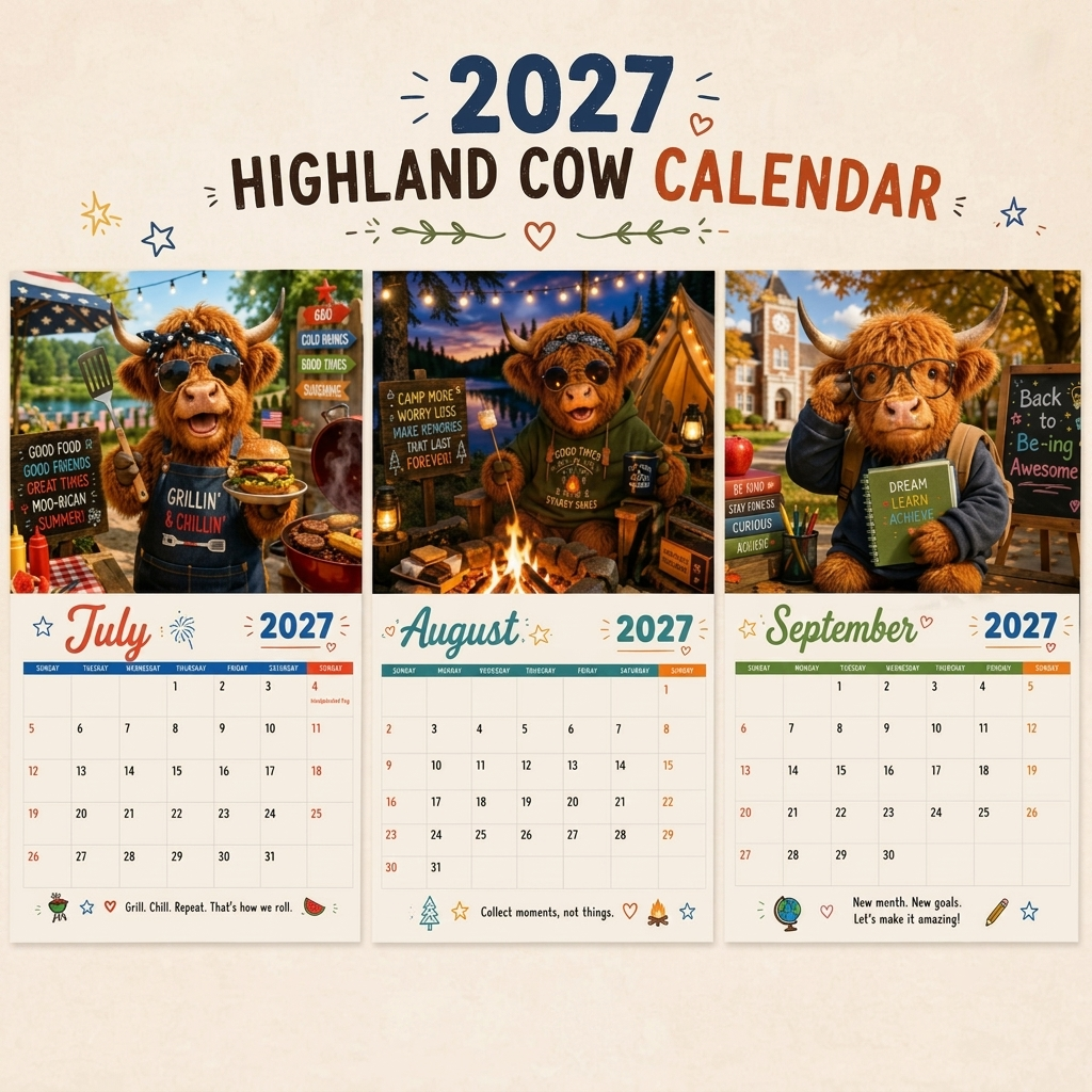 2027 Funny Highland Cow Wall Calendar