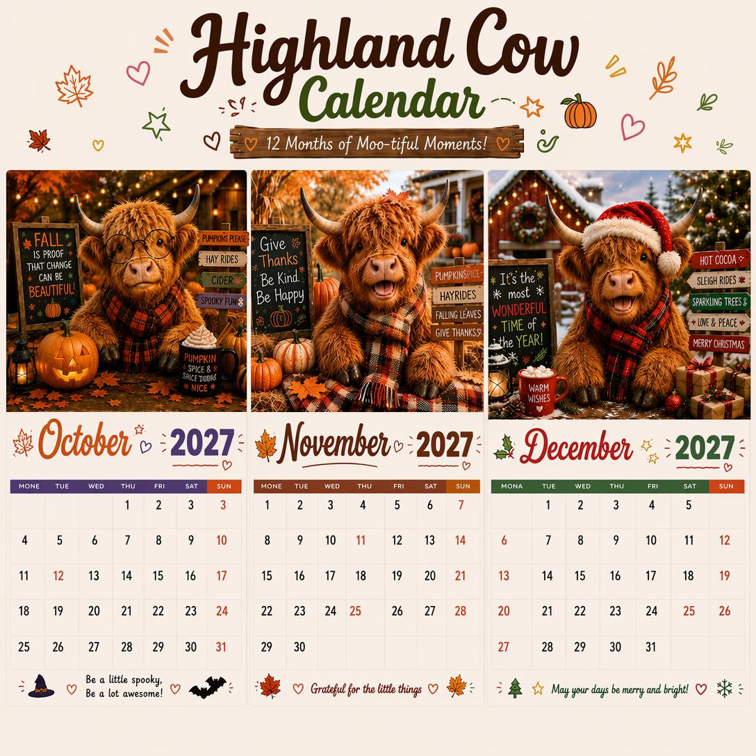 2027 Funny Highland Cow Wall Calendar