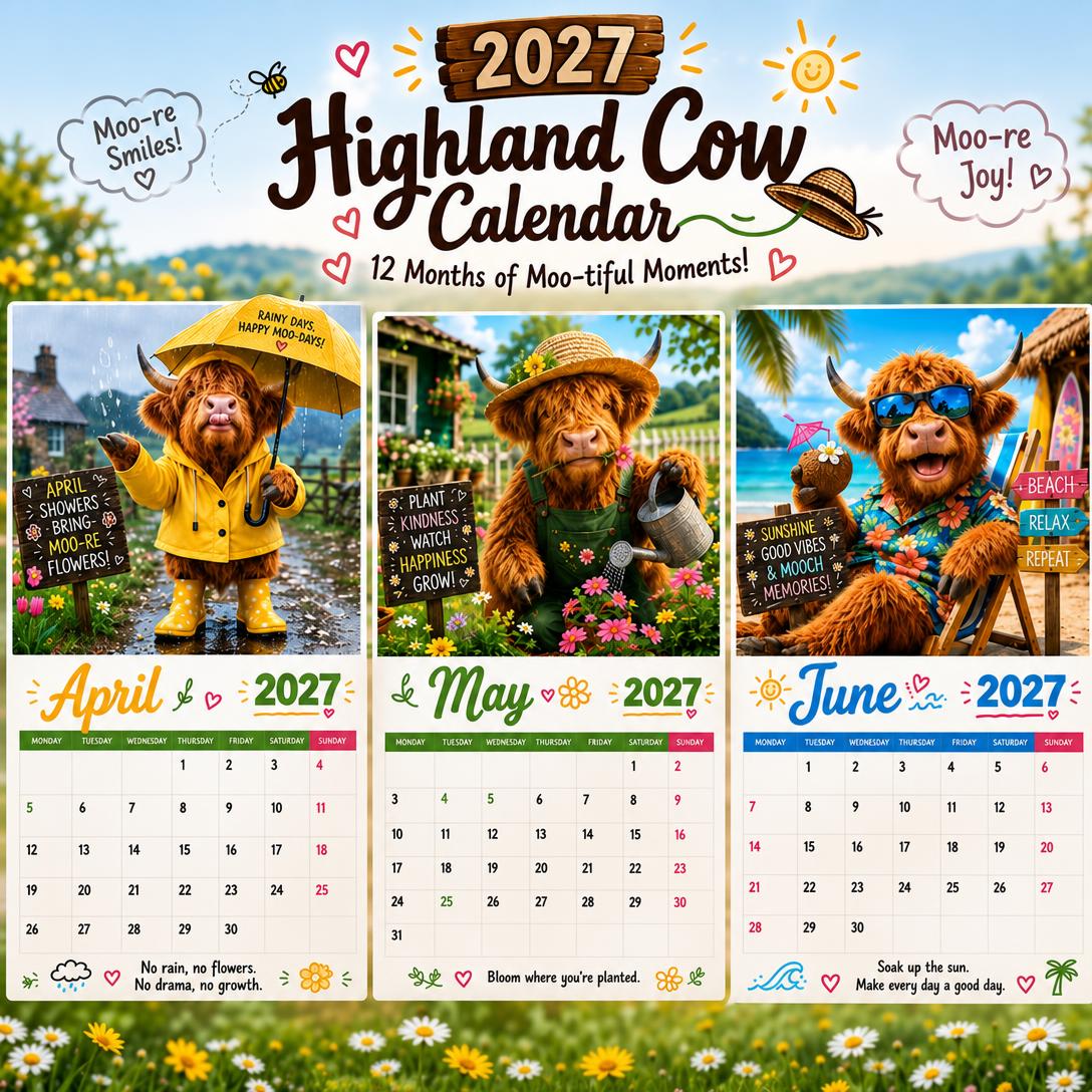 2027 Funny Highland Cow Wall Calendar