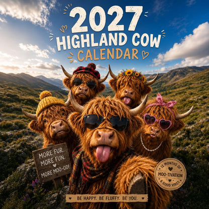 2027 Funny Highland Cow Wall Calendar
