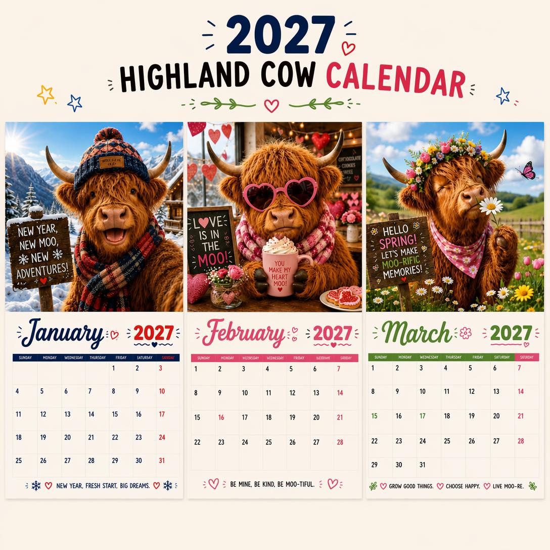 2027 Funny Highland Cow Wall Calendar