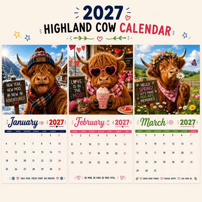 2027 Funny Highland Cow Wall Calendar