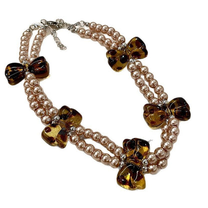 Leopard Print Bow Double-Layer Beaded Necklace