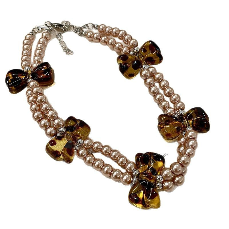 Leopard Print Bow Double-Layer Beaded Necklace