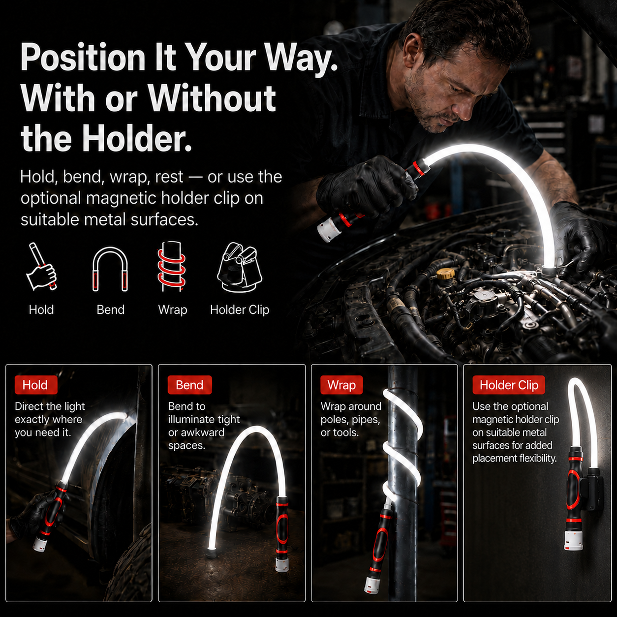 Bendable Rechargeable LED Work Light with Optional Clip for Garage, Car & Emergency Use